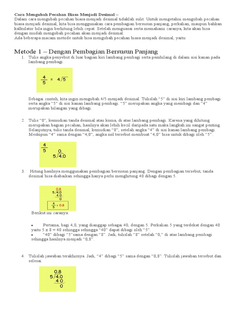 Cara Mengubah Pecahan Biasa Menjadi Desimal | PDF