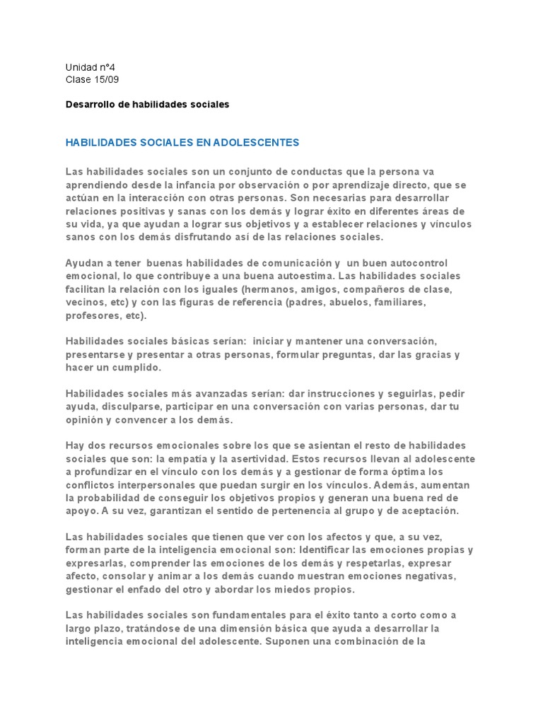 Desarrollo de Habilidades Sociales en Adolescentes | PDF | Las ...