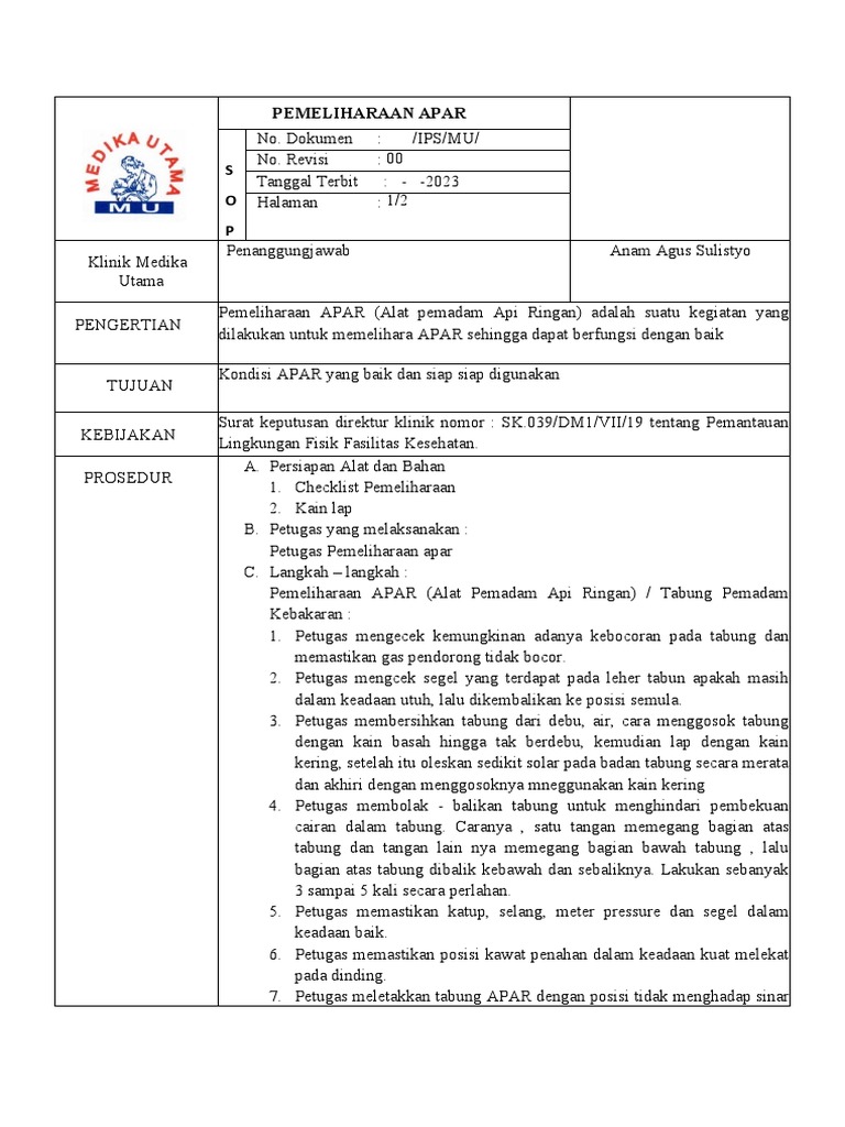 SOP Pemeliharaan APAR Klinik | PDF