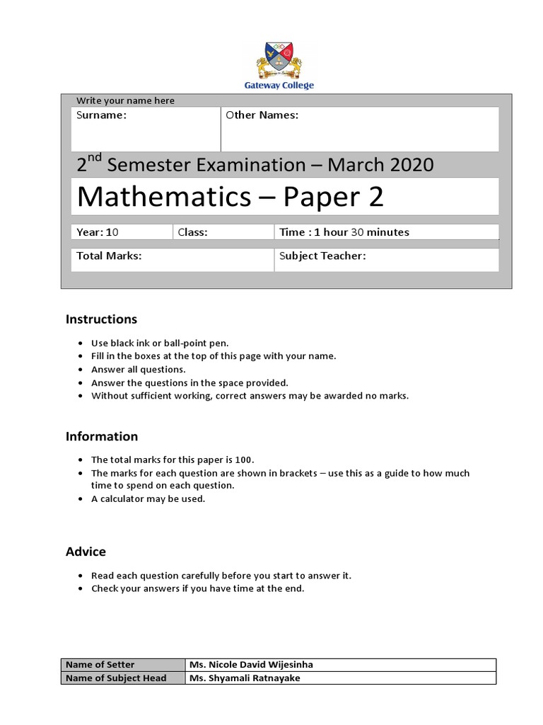March2020 - Yr 10 - Mathematics - P2 PDF | PDF
