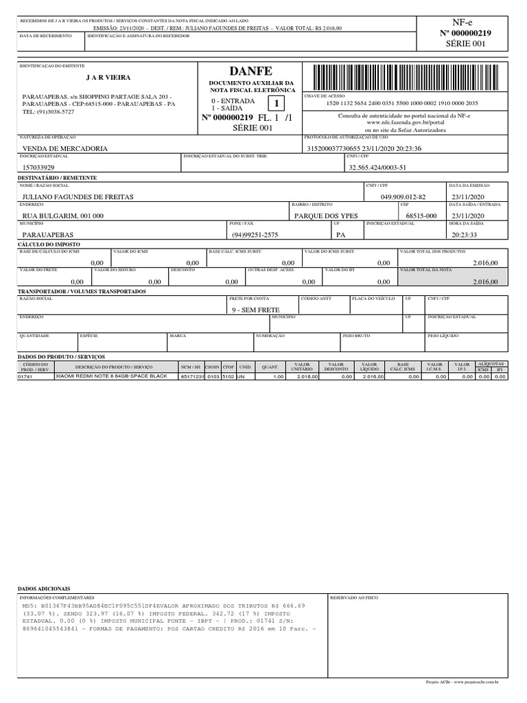 Nota Fiscal Note 8 Juliano PDF | PDF
