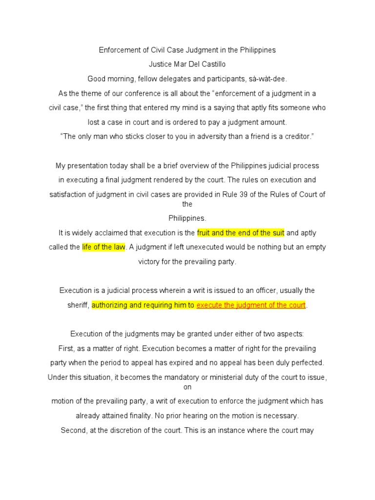 Enforcement of Civil Case Judgment in the Philippines PDF