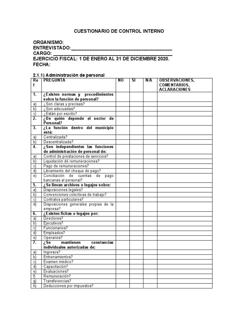 Cuestionario de Control Interno Laboral | PDF