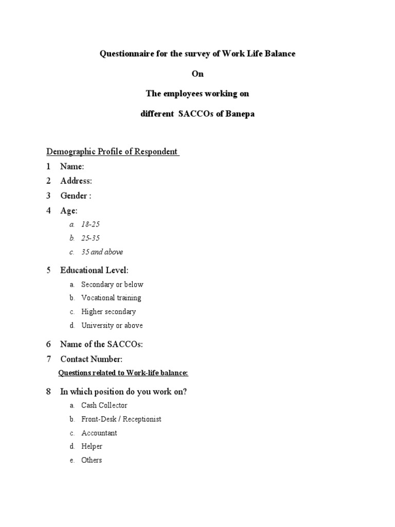 Questionnaire for the survey of Work Life Balance.docx | PDF