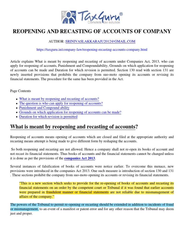 Reopening & Recasting Company Accounts Guide | PDF