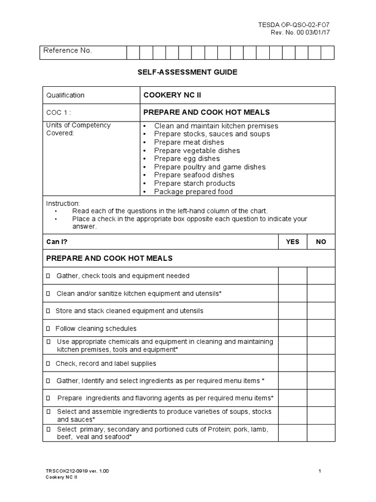Cookery NC II Self-Assessment Guide | PDF