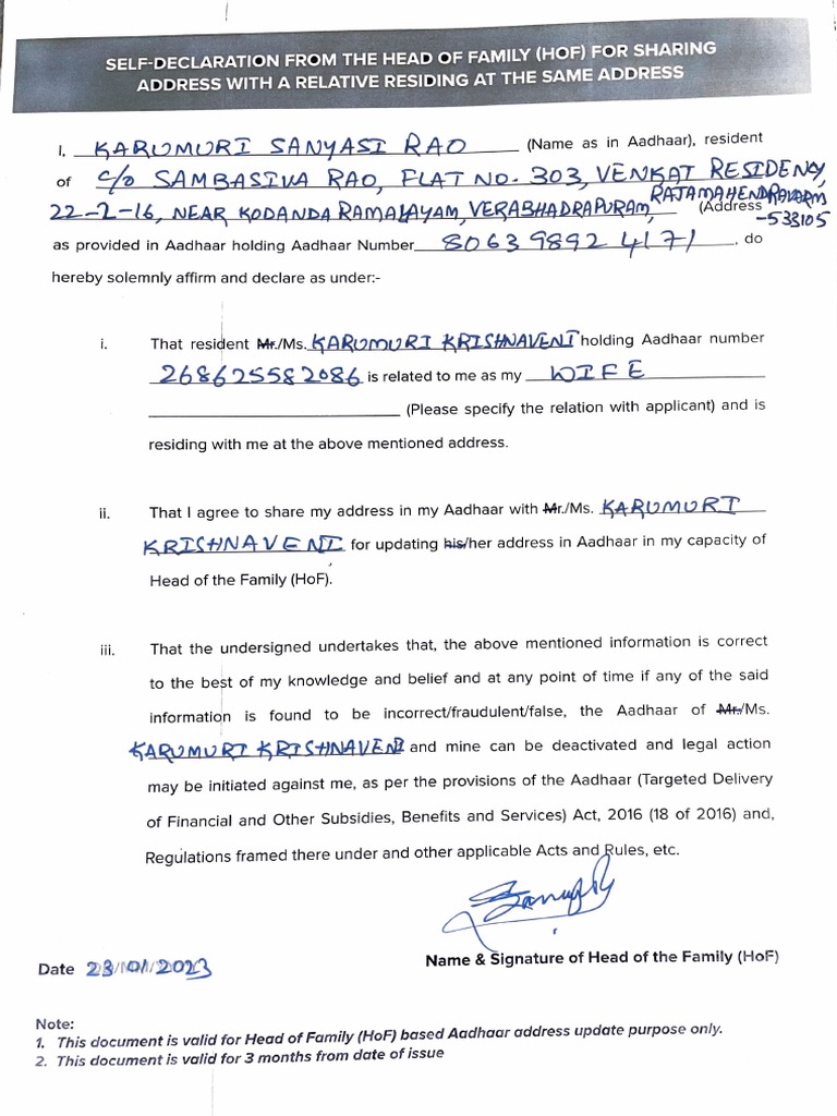 Head Of Family Self Declaration Form Pdf