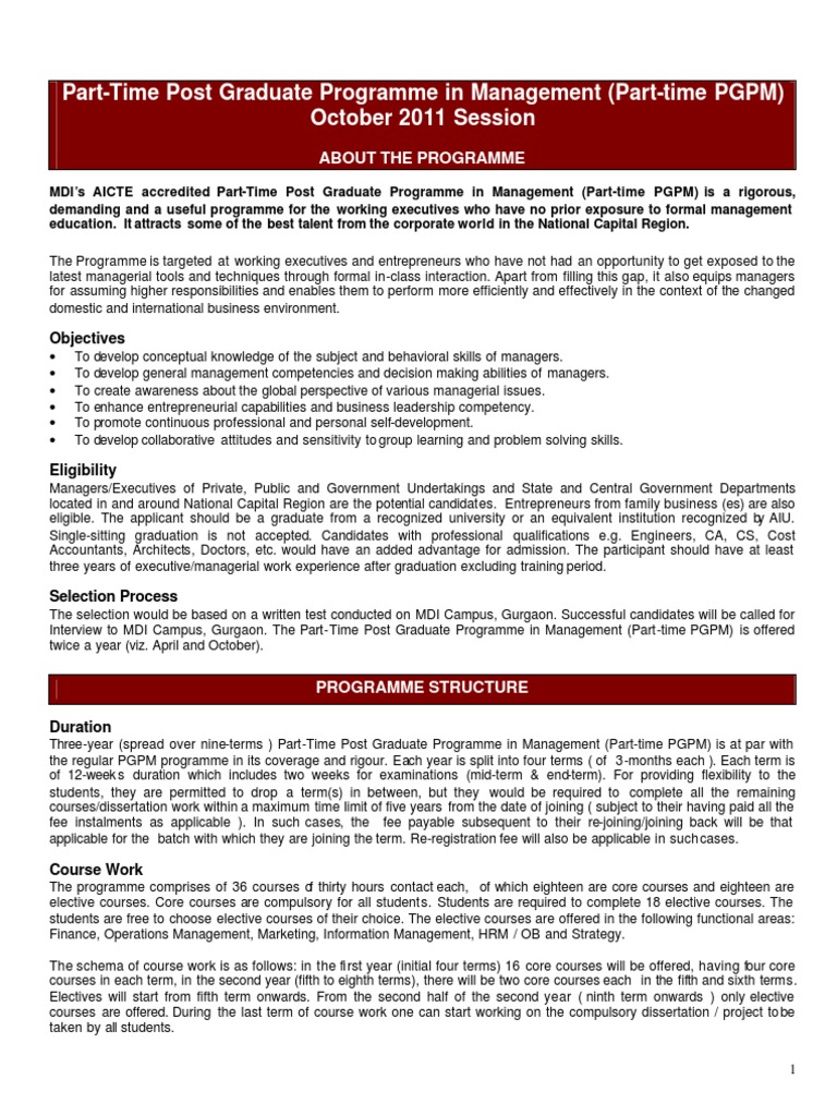 MDI Gurgaon Part-Time PGPM Overview | PDF | Thesis | Postgraduate Education