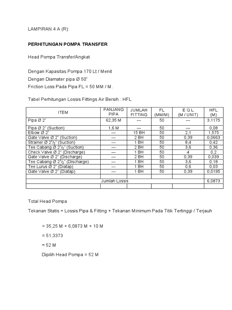 Calculation of transfer pump head determining total head requirements