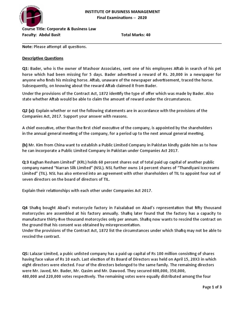 Final Corporate Business Law Paper 2020 PDF