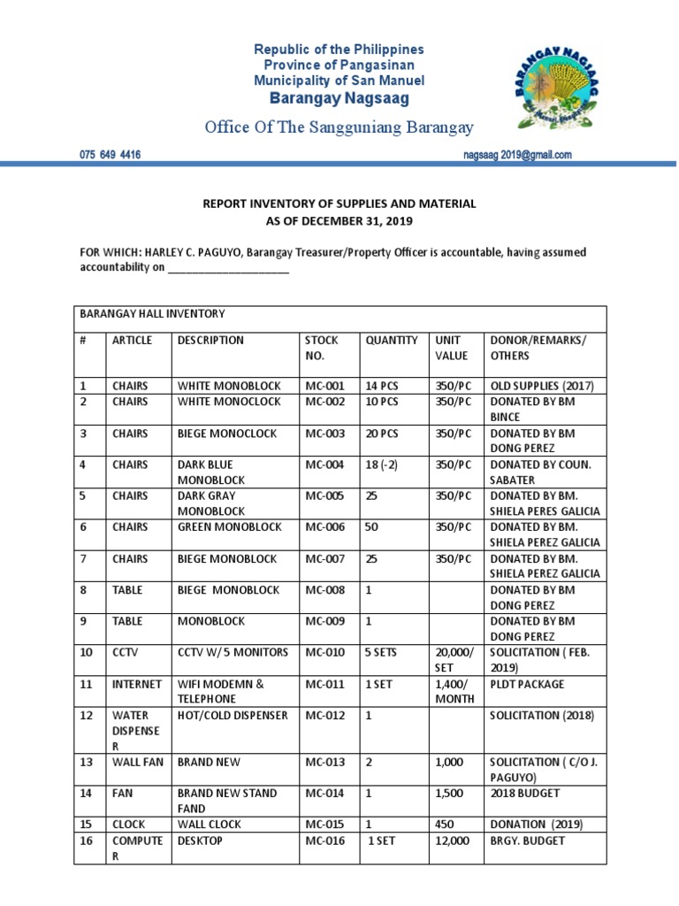 Barangay Nagsaag Supply Inventory 2019 | PDF