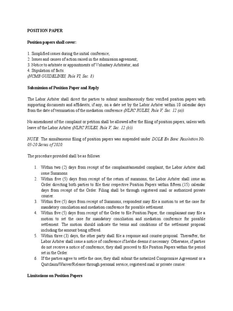 NLRC Position Paper Guidelines | PDF | Employment | Arbitration