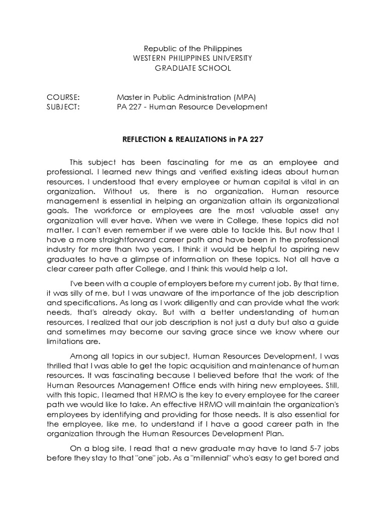 PA 227 - Human Resource Development - Reflection - Ok PDF | PDF