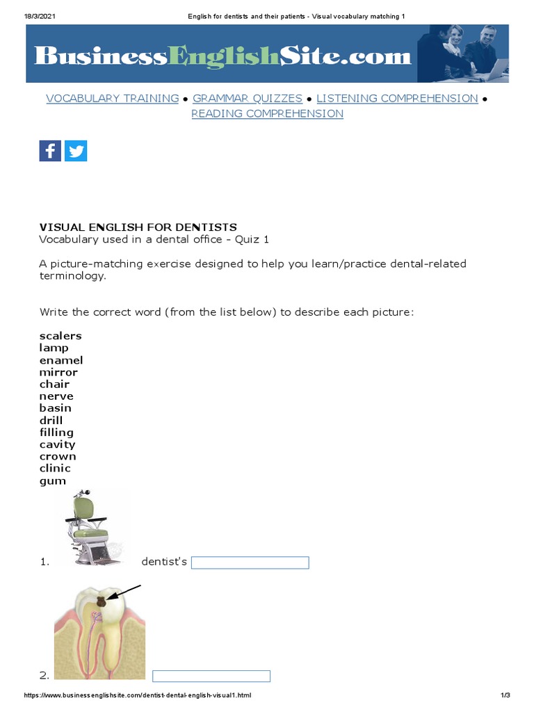 English For Dentists and Their Patients Visual Vocabulary Matching 1
