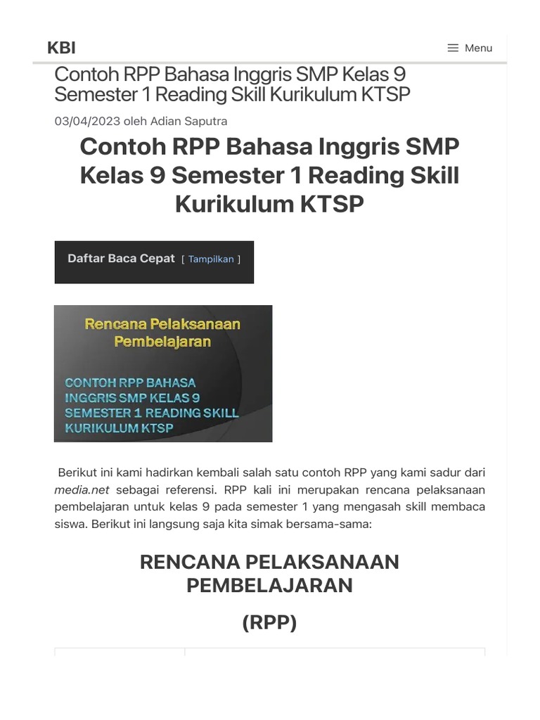 Contoh RPP Bahasa Inggris SMP Kelas 9 Semester 1 Reading Skill KTSP PDF ...