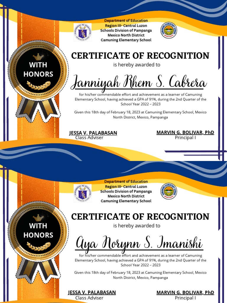 Blue and Orange Certificate of Recognition PDF PDF