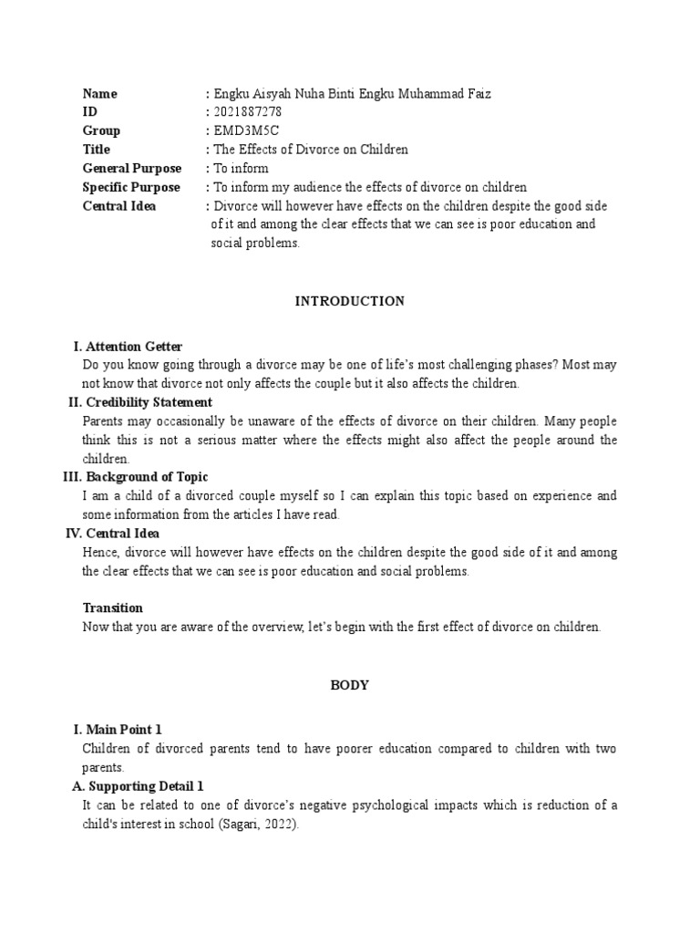 Informative Speech (Full Outline) PDF | PDF | Divorce | Feeling