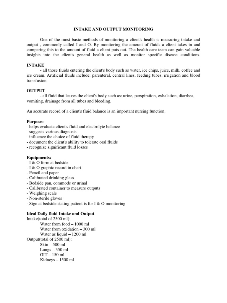 Intake and Output Monitoring PDF Medical Specialties Clinical