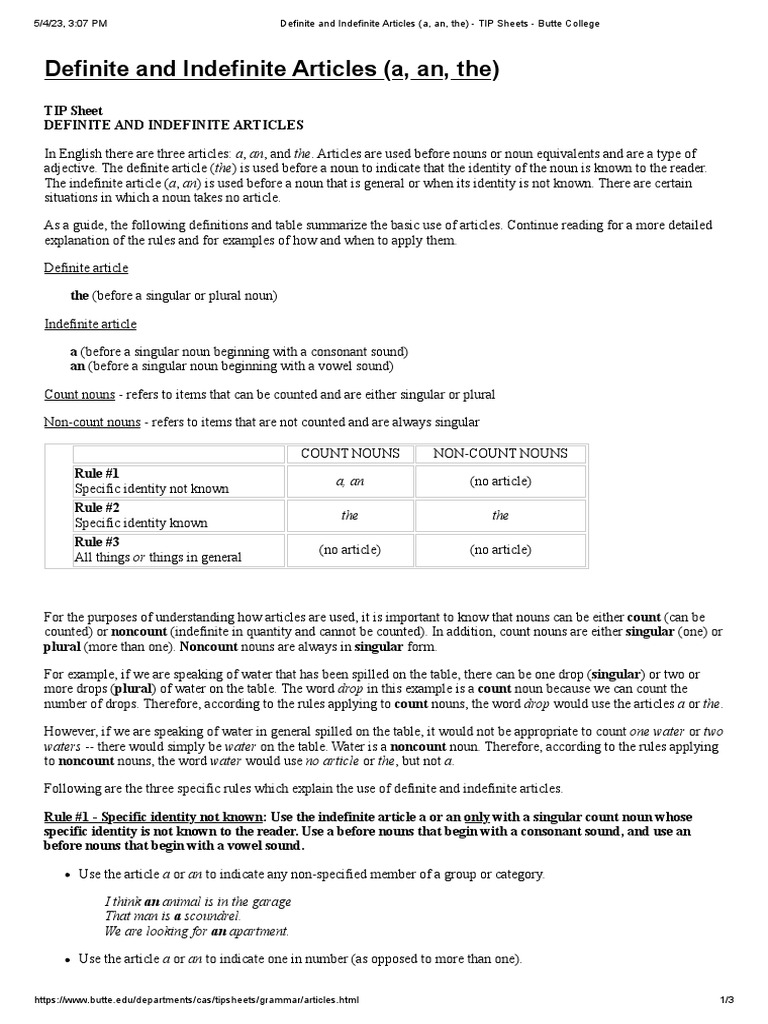 Definite and Indefinite Articles (A, An, The) TIP Sheets Butte