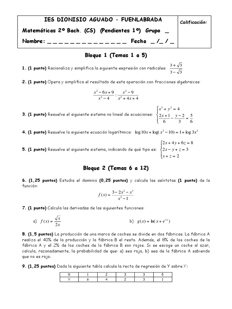 Examen Mat 1º Bach (Temas 1 A 12) (CCSS) (Pendientes) PDF | PDF