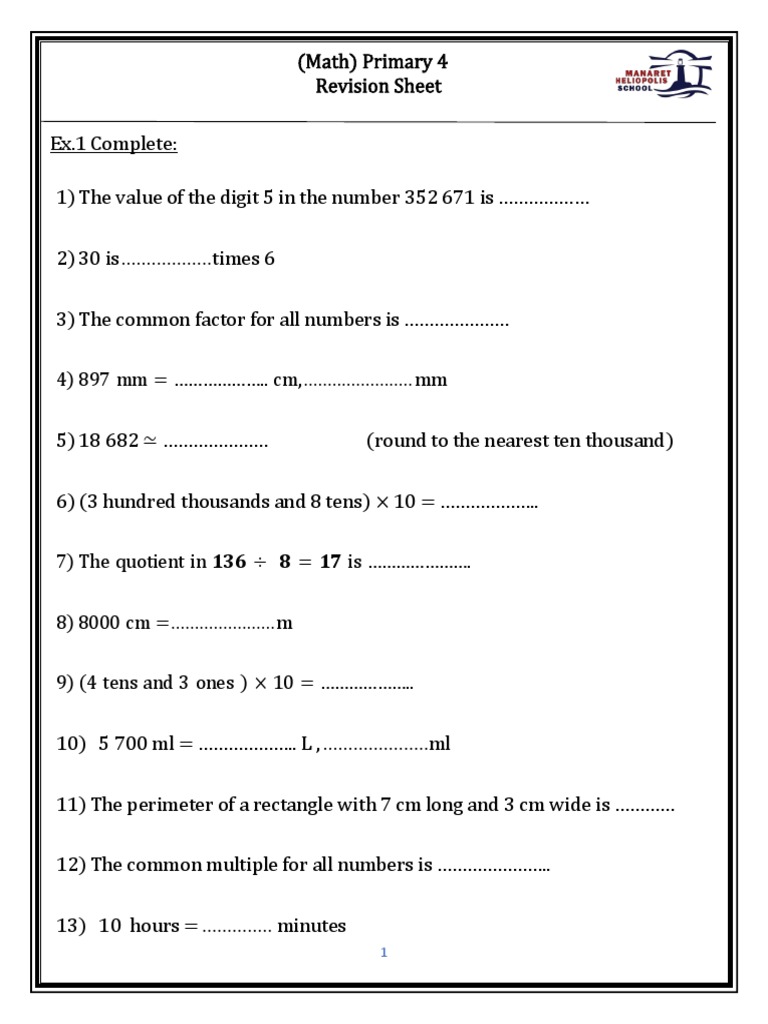 Primary 4 Math Revision Sheet | PDF