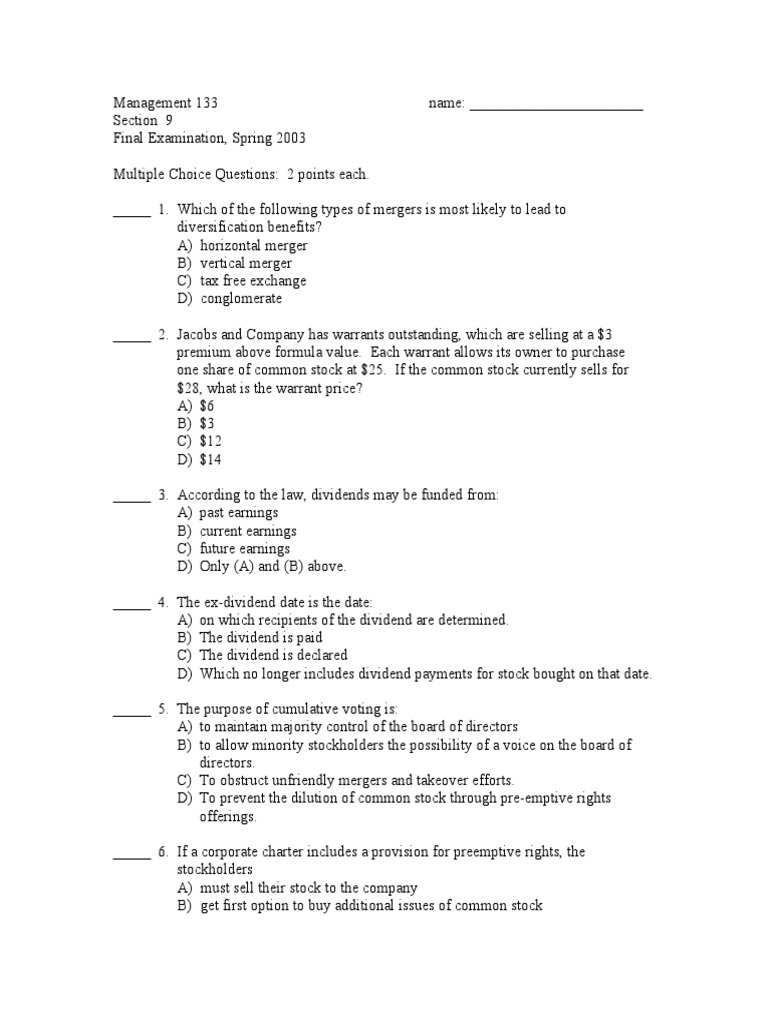 Management 133 Final Exam Questions | PDF | Stocks | Bonds (Finance)