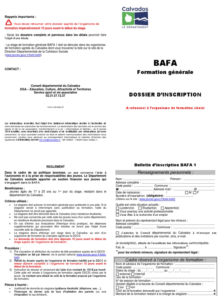 Formulaire Demande D'aide BAFA Conseil Départemental Calvados | PDF