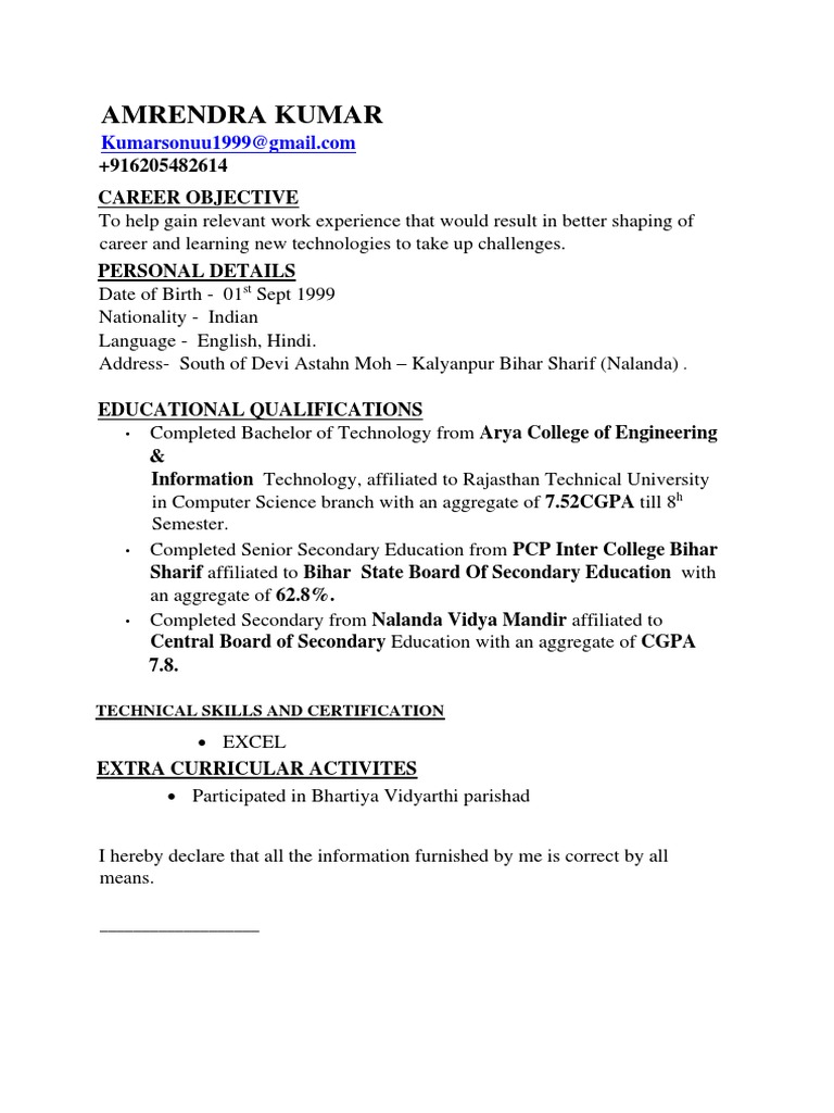 BPO Resume For TECH MAHINDRA PDF - 1686357002