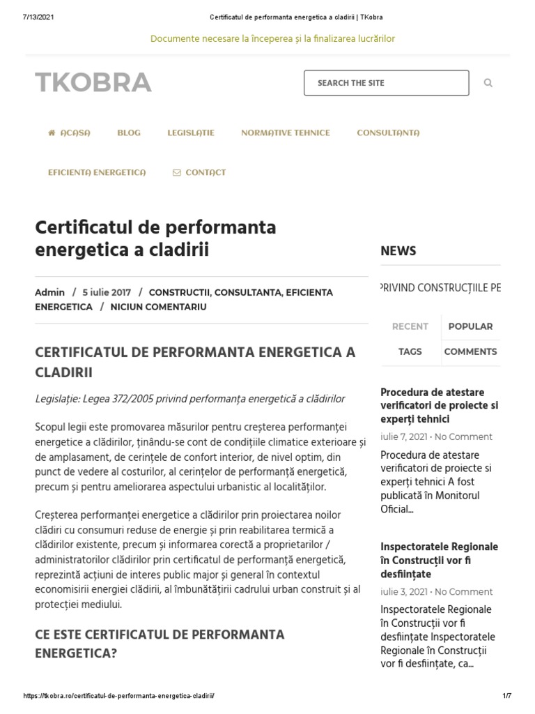 Certificatul de Performanta Energetica A Cladirii - TKobra PDF | PDF