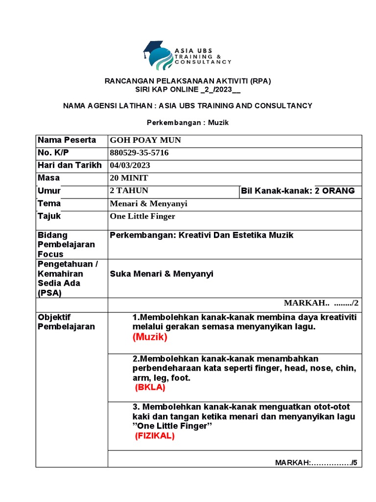 RPA Kreativiti dan Estetika Muzik 2 Tahun | PDF