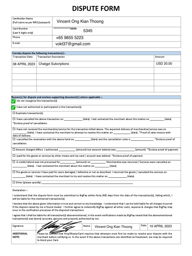 BigPay Dispute Form Template | PDF