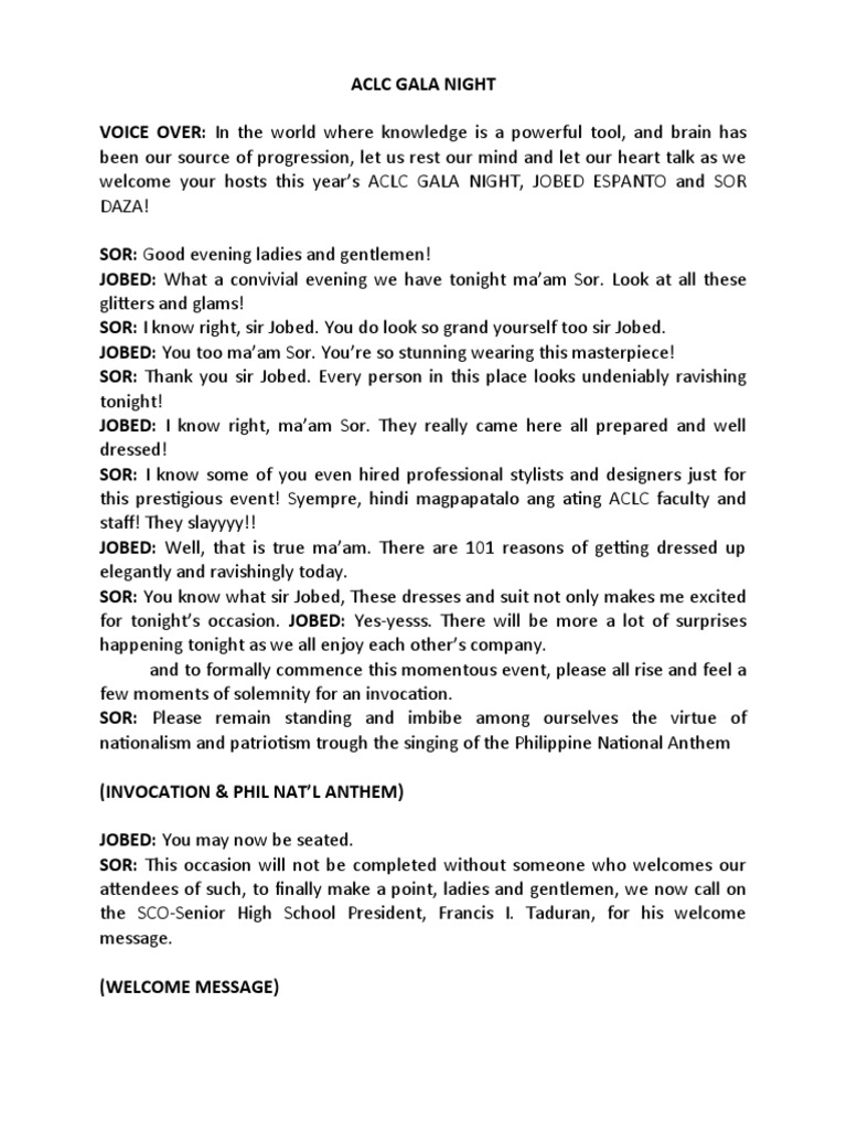 ACLC Gala Night 2023 Emcee Script | PDF