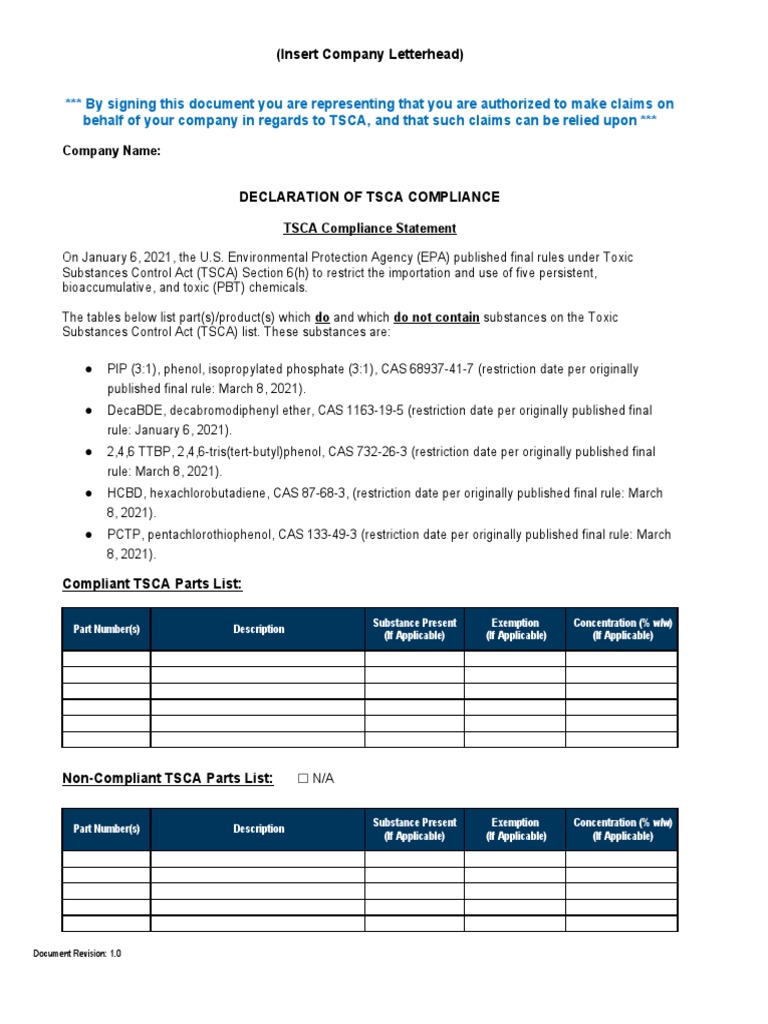 TSCA Declaration Template PDF