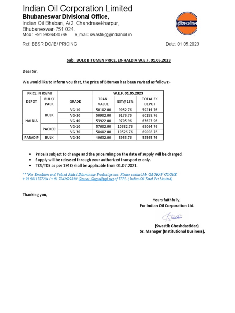 Revised bitumen price wef 01 05 2023 pdf pdf