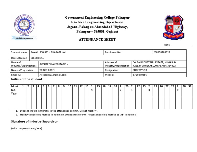 Internship attendance sheet pdf