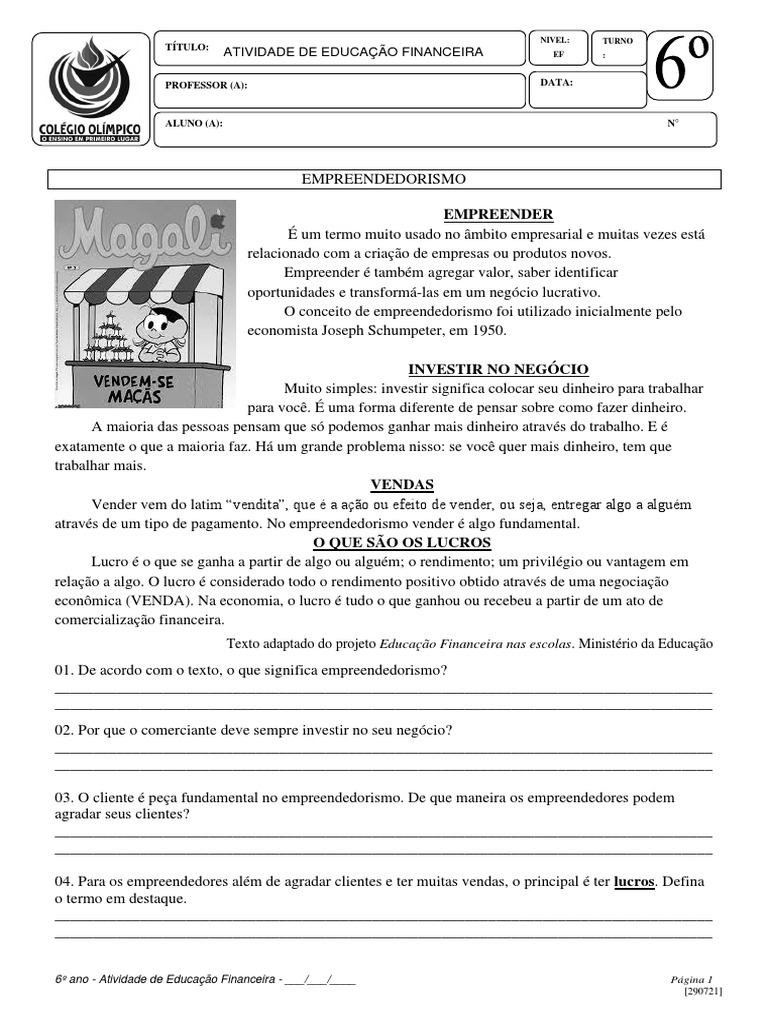 6º Ano - Atividade de Educação Financeira 03 e 06-08 PDF | PDF