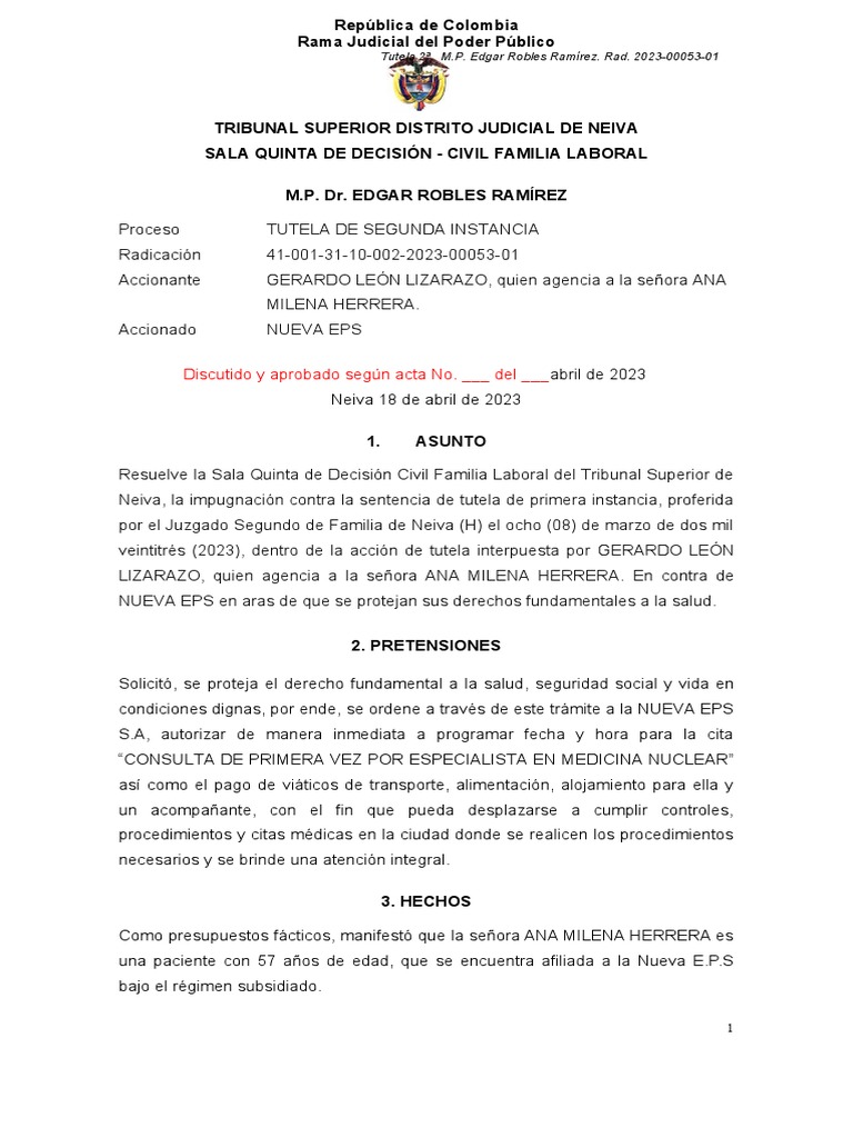 T2 41-001-31-10-002-2023-00053-01 Vs NUEVA EPS - Ok | PDF | Judicaturas