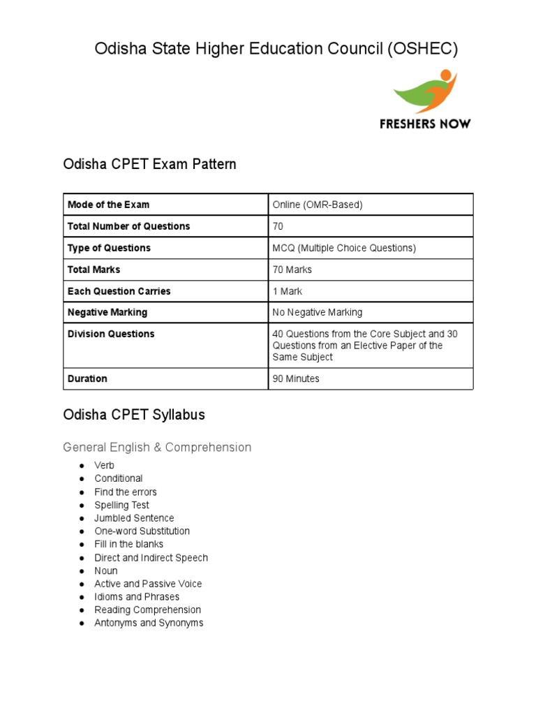 Odisha CPET Test Pattern Topics PDF | PDF