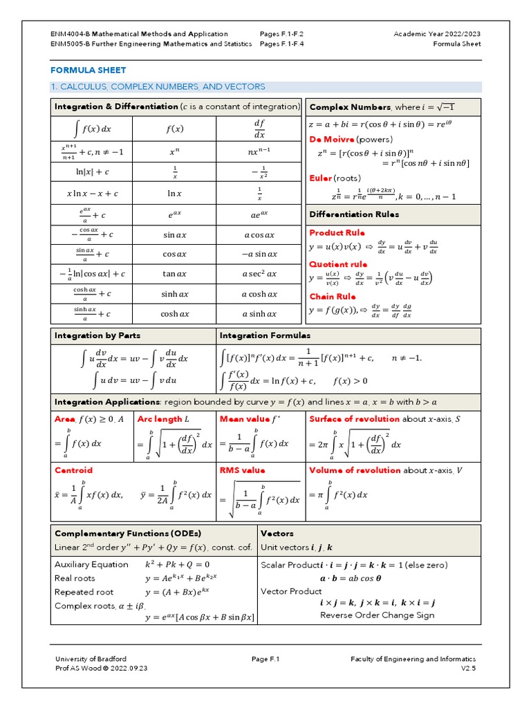 Engineering Mathematics Formula Sheet | PDF