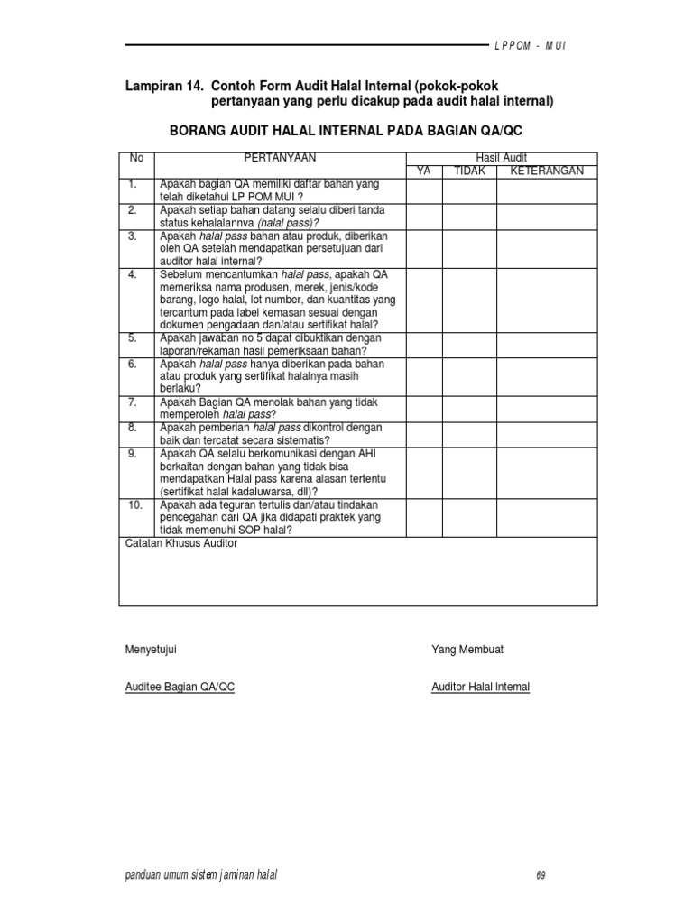 Contoh Form Audit Halal Internal | PDF