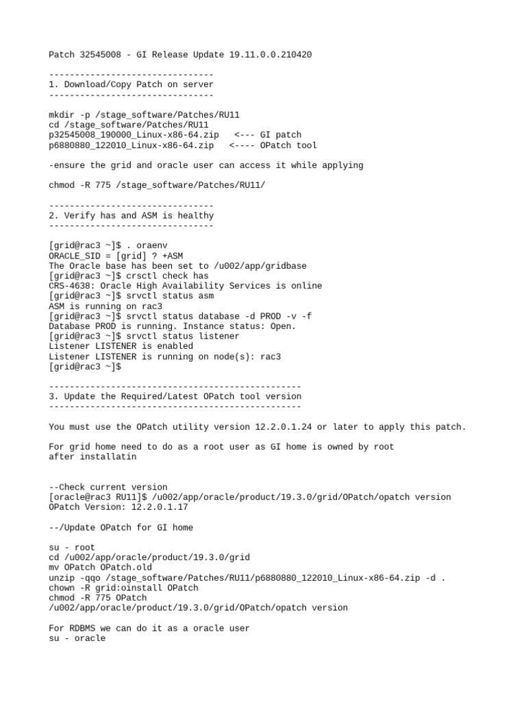 Oracle 19c GI Patch 32545008 Guide | PDF