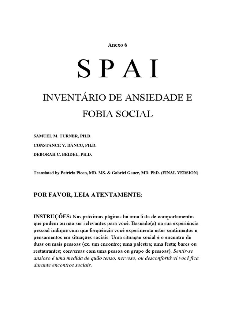 S P A I INVENTÁRIO DE ANSIEDADE E FOBIA SOCIAL POR FAVOR, LEIA ...