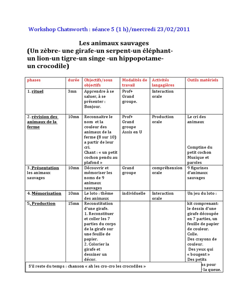 Atelier sur les Animaux Sauvages | PDF