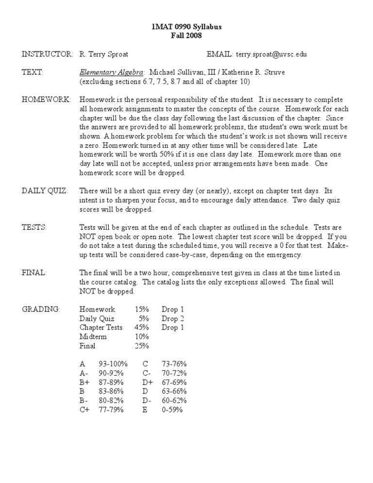 MAT 0990 Fall 2008 Syllabus Overview | PDF | Homework | Educational ...