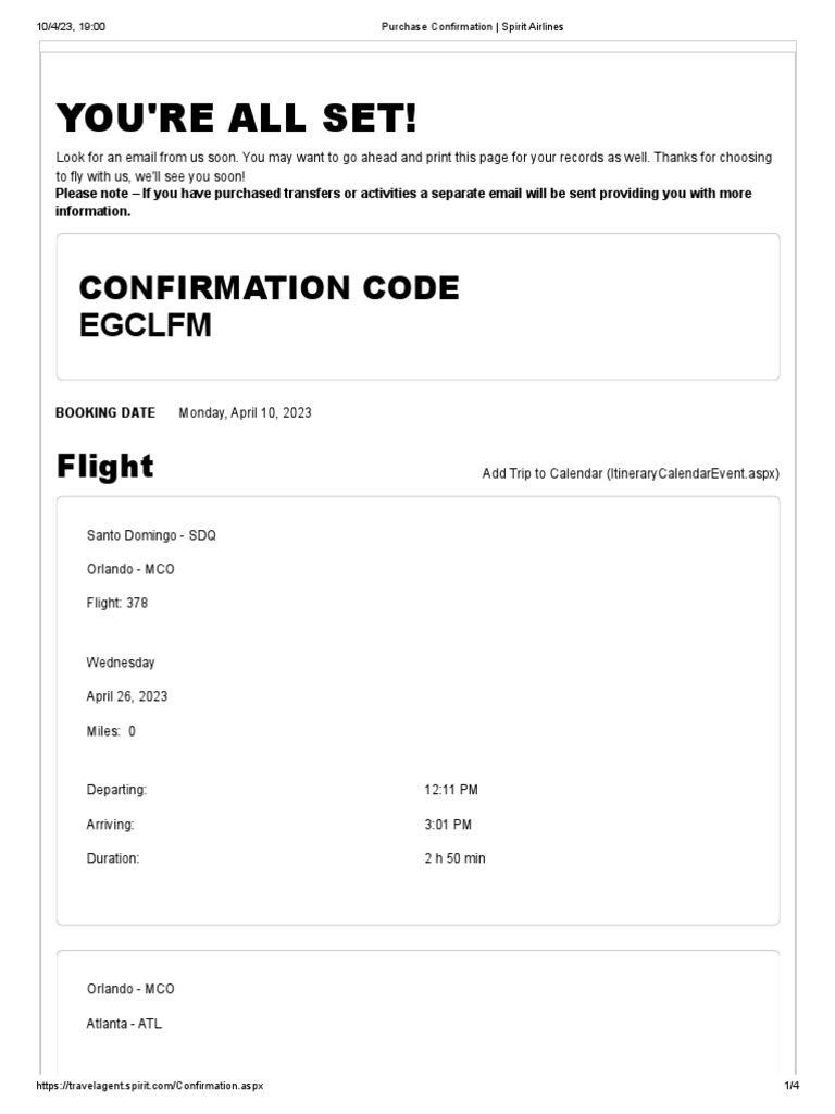 Spirit Airlines Flight Confirmation Details | PDF
