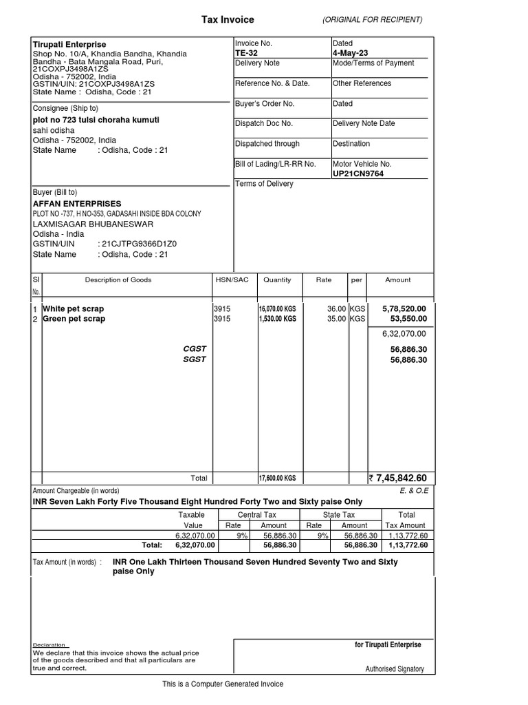 Tax Invoice for Tirupati Enterprise | PDF