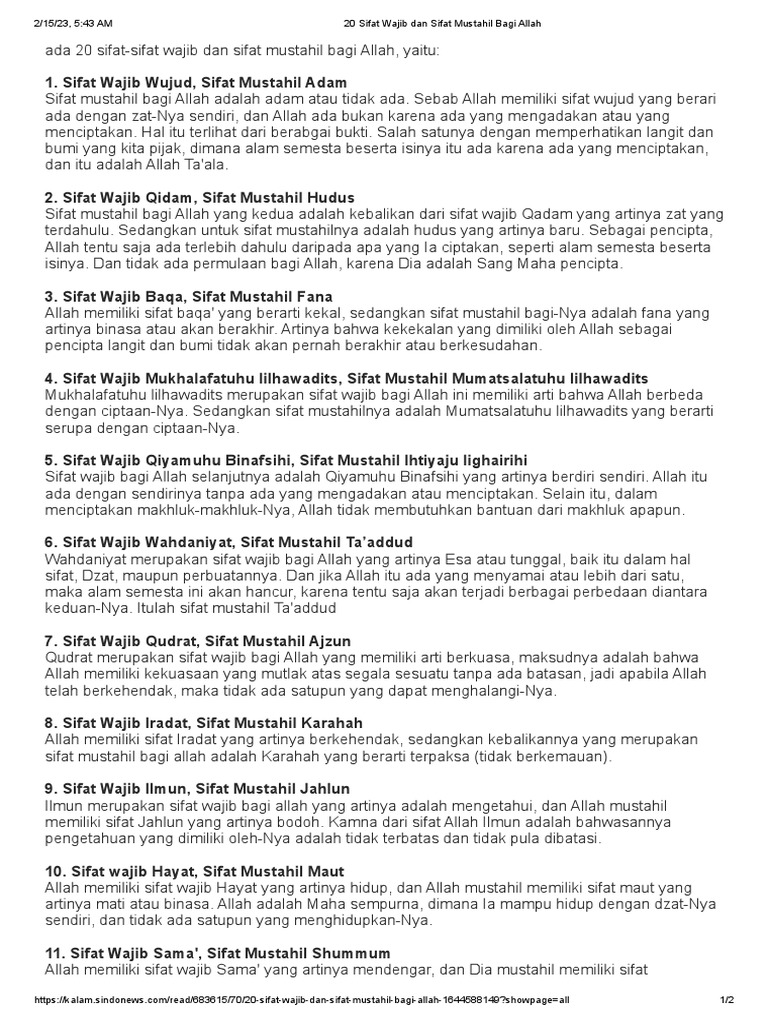 Sifat Wajib dan Mustahil Allah | PDF