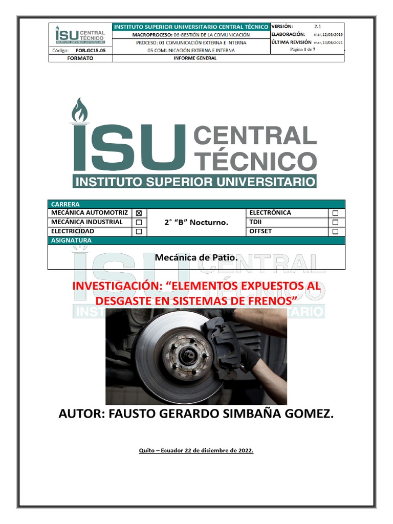 Elementos de Desgaste en Frenos Automotrices | PDF