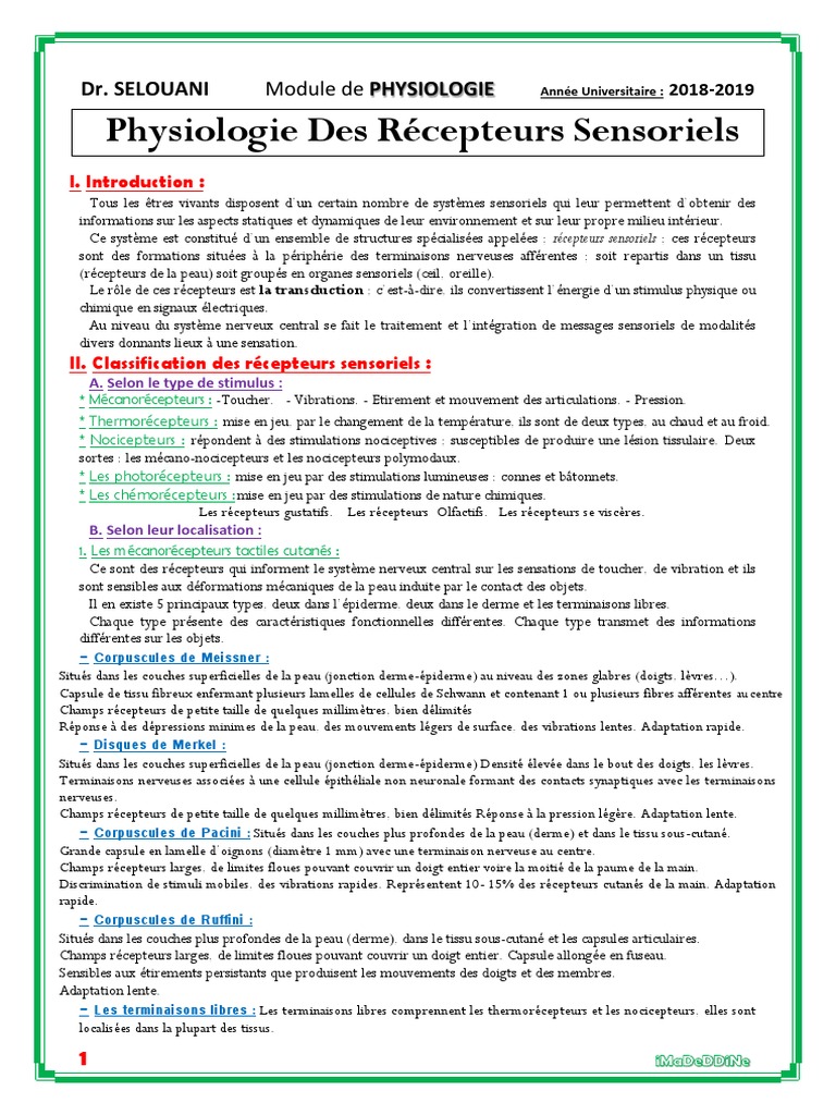 Physiologie des Récepteurs Sensoriels | PDF