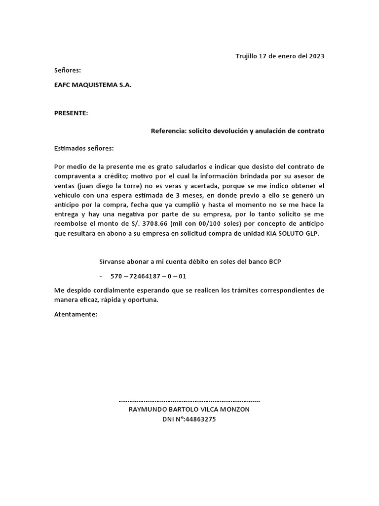 Solicitud de Devolucion y Anulacion de Contrato | PDF